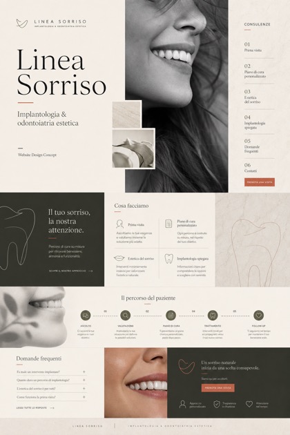 Fictional Linea Sorriso dental website concept with Italian UI, black-and-white smile dossier, consultation index, service cards, patient journey, and FAQ