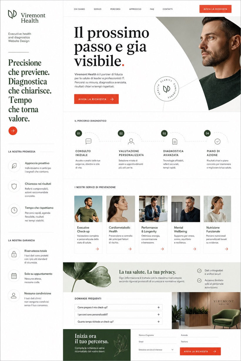 Fictional Viremont Health Executive health and diagnostics website design showcase in a 2:3 layout with service sections, FAQ, and inquiry action