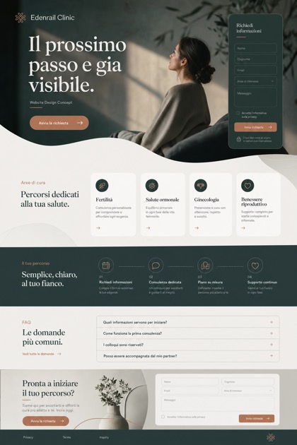 Fictional Edenrail Clinic Fertility and women's health website design showcase in a 2:3 layout with service sections, FAQ, and inquiry action