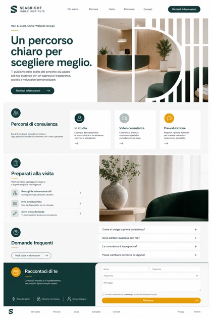 Fictional Seabright Index Institute Hair and scalp clinic website design showcase in a 2:3 layout with service sections, FAQ, and inquiry action