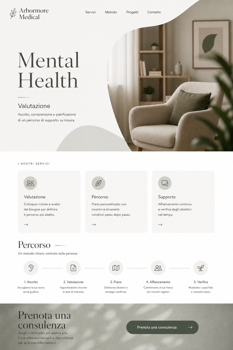 Healthcare website design for Italy, showing a clear opening, service information, supporting content, and a focused inquiry action.