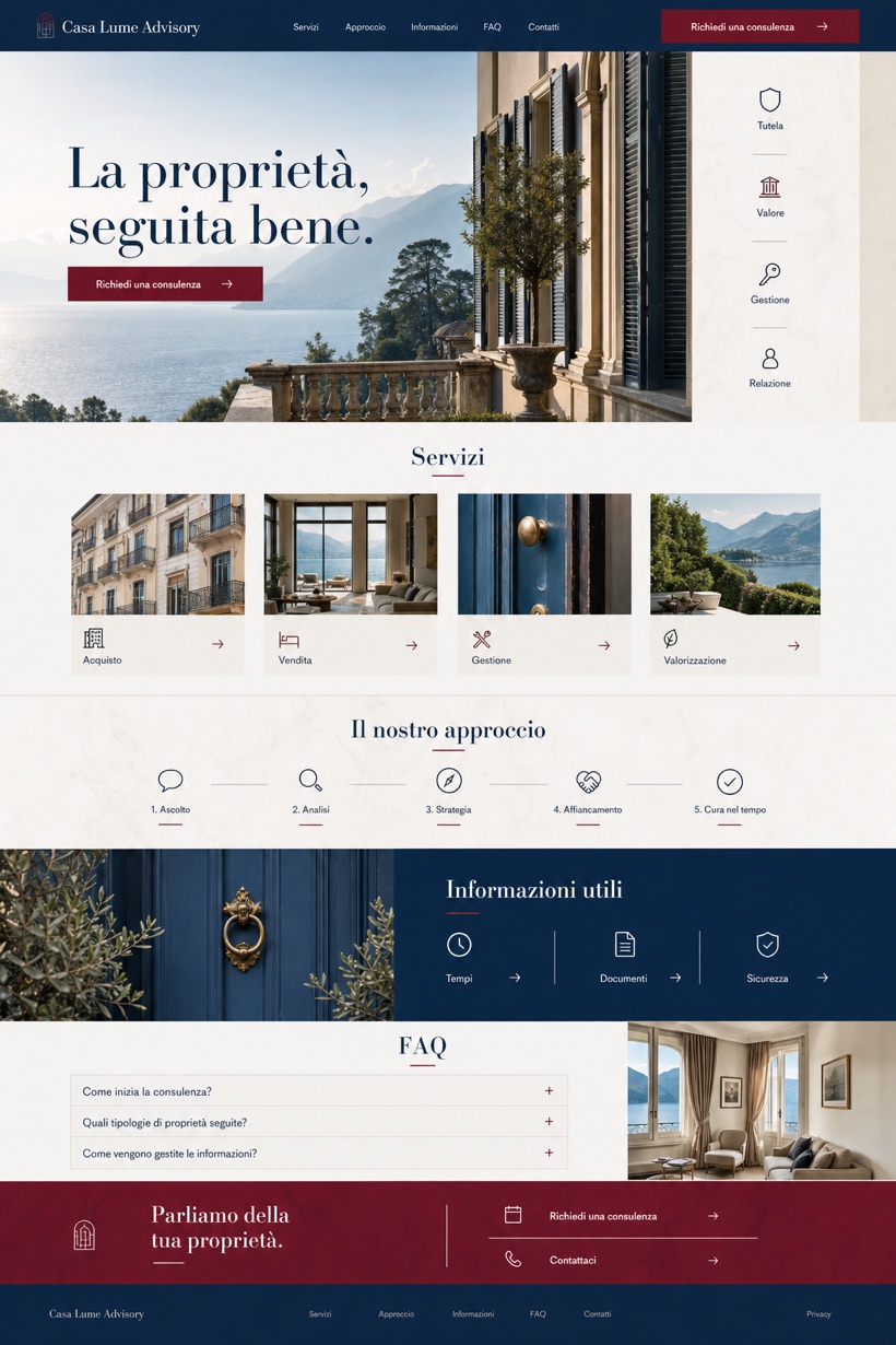 Fictional Casa Lume Advisory Private property advisory website design showcase with a complete 2:3 page layout, service sections, practical information, and contact action