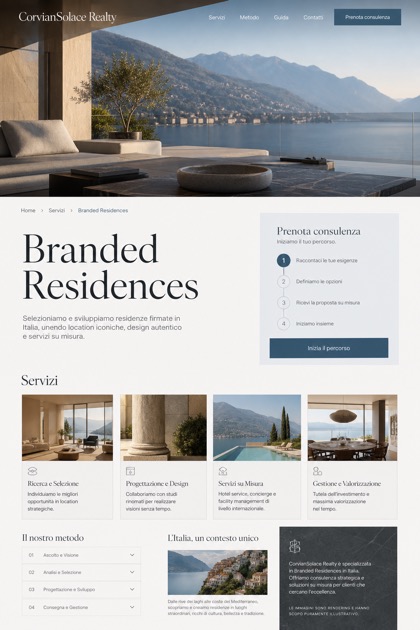 Property website design for Italy, showing a clear opening, service information, supporting content, and a focused inquiry action.