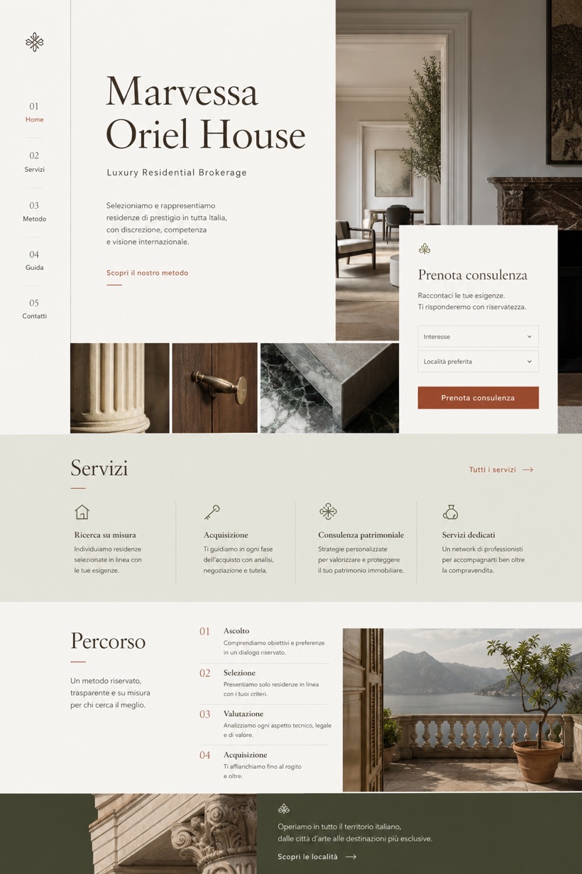 Property website design for Italy, showing a clear opening, service information, supporting content, and a focused inquiry action.
