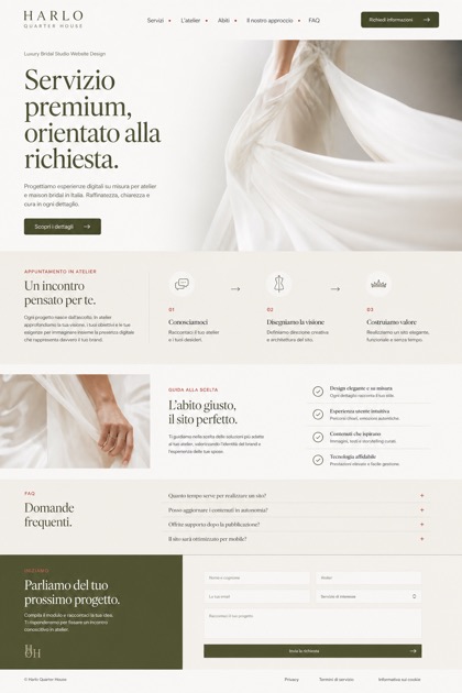Fictional Harlo Quarter House Luxury bridal studio website design showcase in a 2:3 layout with service sections, FAQ, and inquiry action