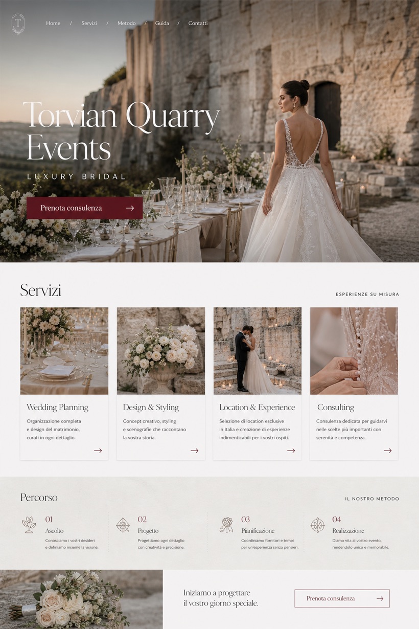 Weddings & Events website design for Italy, showing a clear opening, service information, supporting content, and a focused inquiry action.