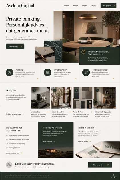 Finance website design for Netherlands, showing a clear opening, service information, supporting content, and a focused inquiry action.