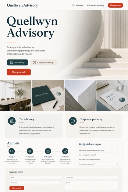 Finance website design for Netherlands, showing a clear opening, service information, supporting content, and a focused inquiry action.