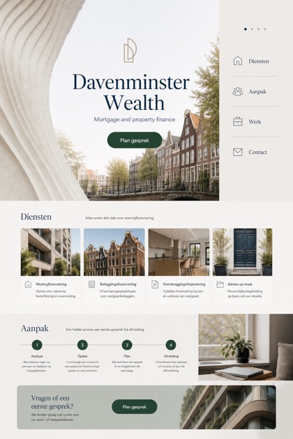 Finance website design for Netherlands, showing a clear opening, service information, supporting content, and a focused inquiry action.