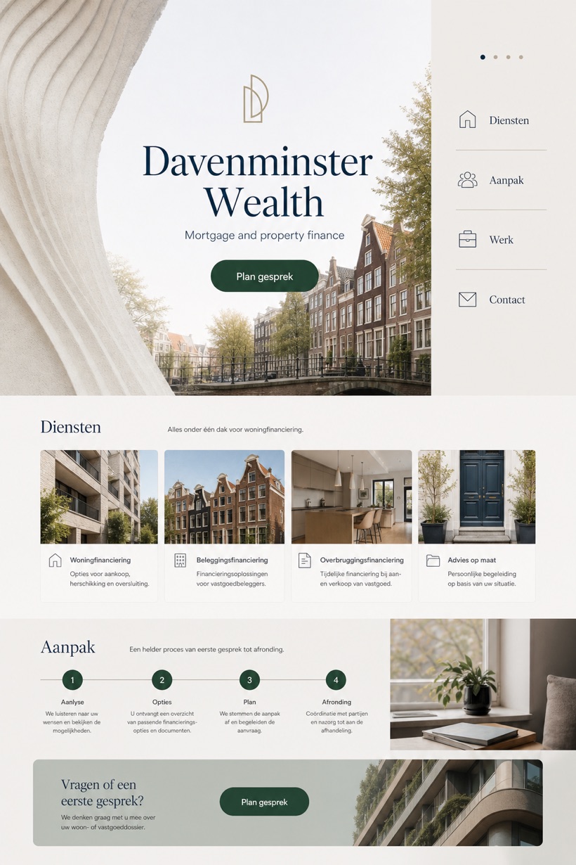 Finance website design for Netherlands, showing a clear opening, service information, supporting content, and a focused inquiry action.