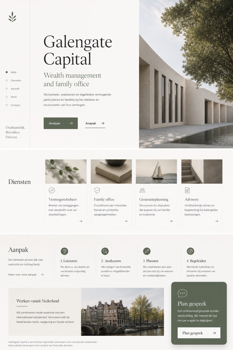 Finance website design for Netherlands, showing a clear opening, service information, supporting content, and a focused inquiry action.