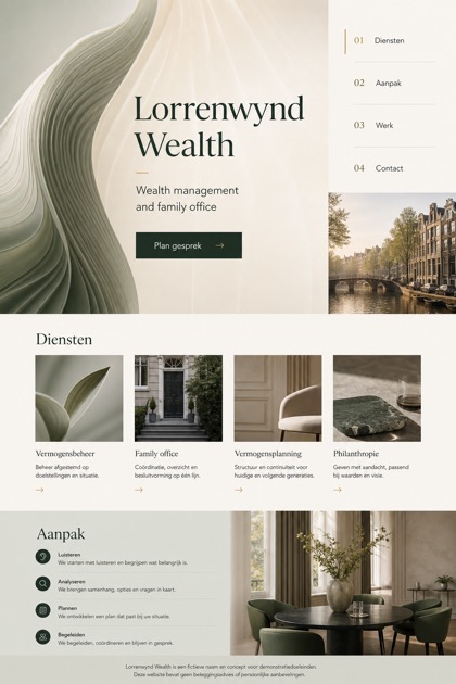 Finance website design for Netherlands, showing a clear opening, service information, supporting content, and a focused inquiry action.