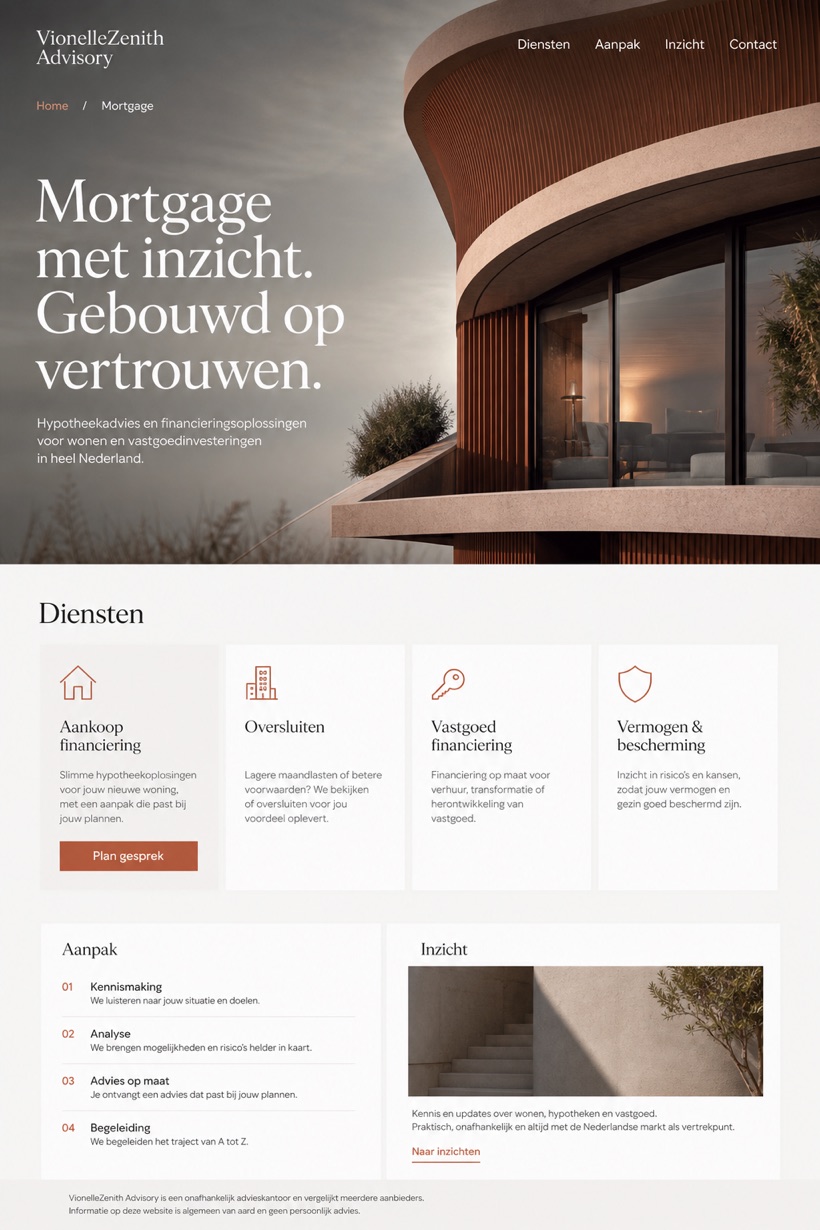 Finance website design for Netherlands, showing a clear opening, service information, supporting content, and a focused inquiry action.