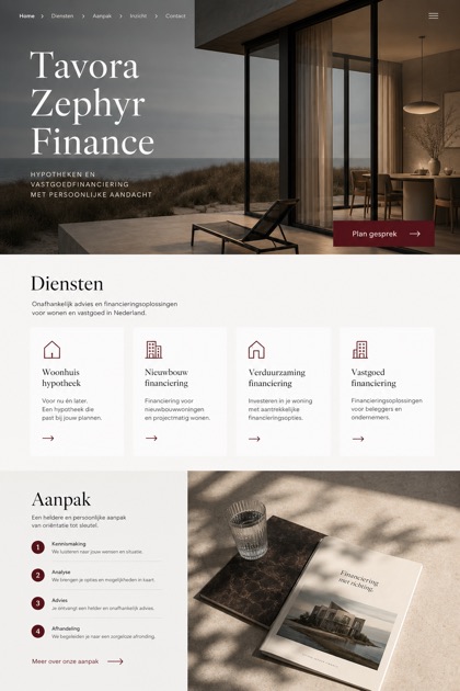 Finance website design for Netherlands, showing a clear opening, service information, supporting content, and a focused inquiry action.