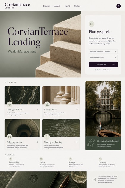 Finance website design for Netherlands, showing a clear opening, service information, supporting content, and a focused inquiry action.