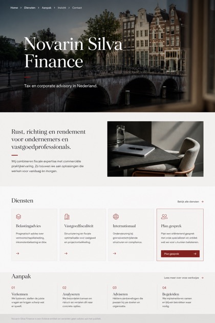 Finance website design for Netherlands, showing a clear opening, service information, supporting content, and a focused inquiry action.
