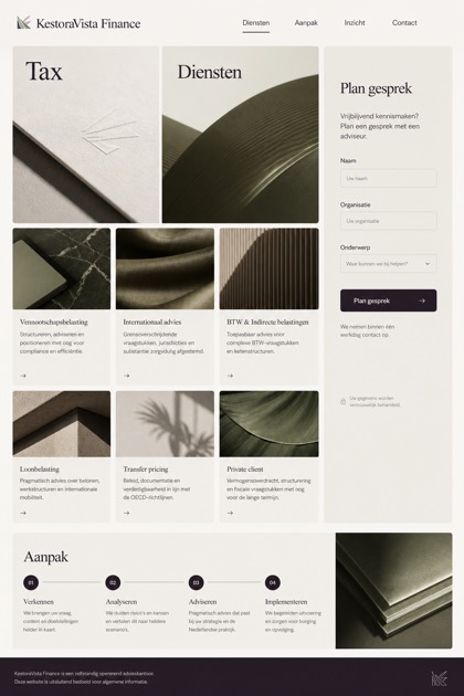 Finance website design for Netherlands, showing a clear opening, service information, supporting content, and a focused inquiry action.