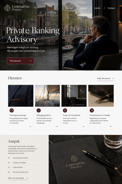 Finance website design for Netherlands, showing a clear opening, service information, supporting content, and a focused inquiry action.