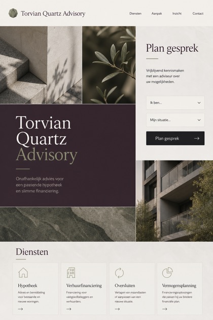 Finance website design for Netherlands, showing a clear opening, service information, supporting content, and a focused inquiry action.