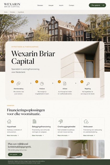 Finance website design for Netherlands, showing a clear opening, service information, supporting content, and a focused inquiry action.
