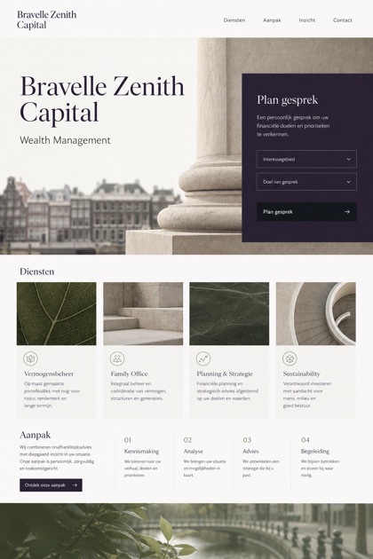 Finance website design for Netherlands, showing a clear opening, service information, supporting content, and a focused inquiry action.