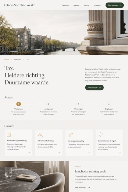 Finance website design for Netherlands, showing a clear opening, service information, supporting content, and a focused inquiry action.