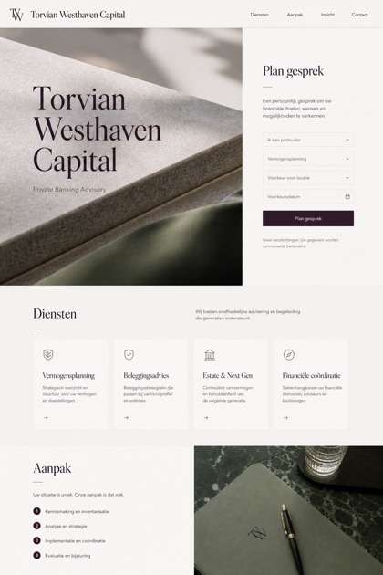 Finance website design for Netherlands, showing a clear opening, service information, supporting content, and a focused inquiry action.