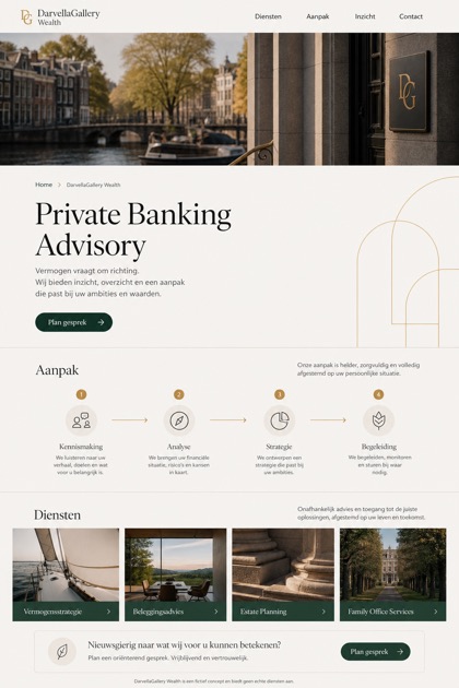 Finance website design for Netherlands, showing a clear opening, service information, supporting content, and a focused inquiry action.