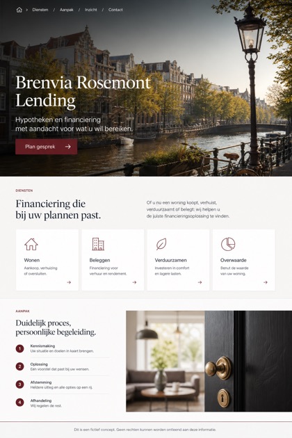 Finance website design for Netherlands, showing a clear opening, service information, supporting content, and a focused inquiry action.
