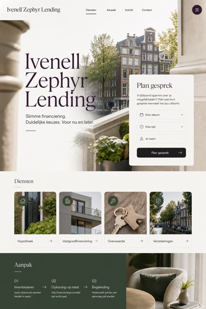 Finance website design for Netherlands, showing a clear opening, service information, supporting content, and a focused inquiry action.