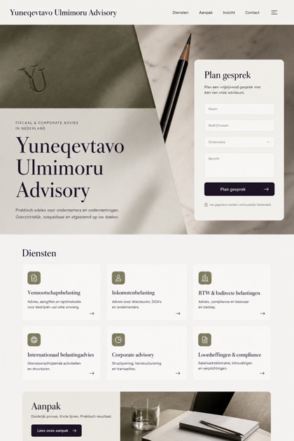 Finance website design for Netherlands, showing a clear opening, service information, supporting content, and a focused inquiry action.