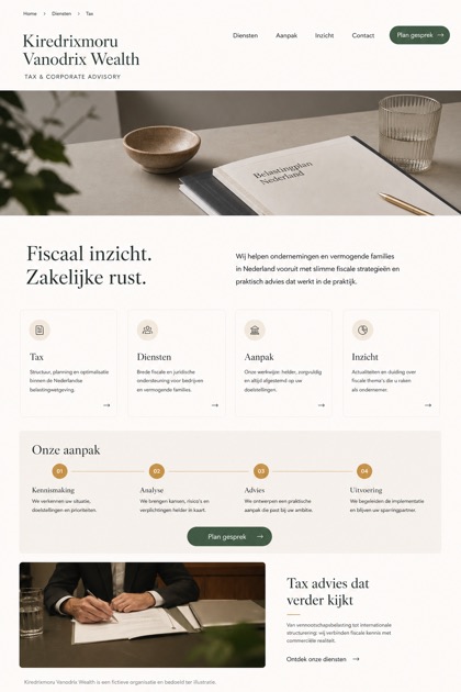 Finance website design for Netherlands, showing a clear opening, service information, supporting content, and a focused inquiry action.