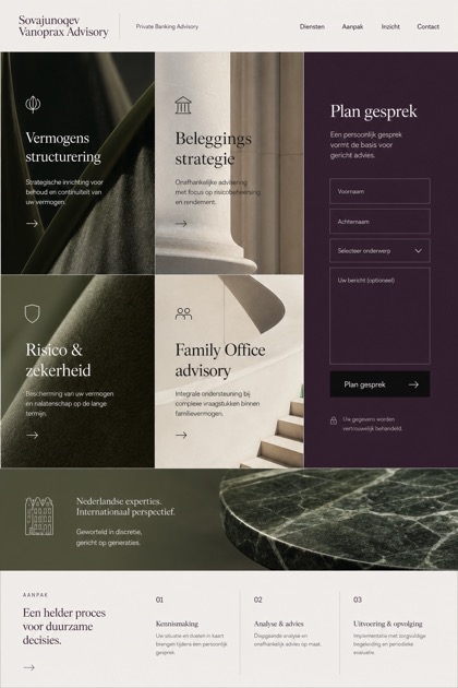Finance website design for Netherlands, showing a clear opening, service information, supporting content, and a focused inquiry action.