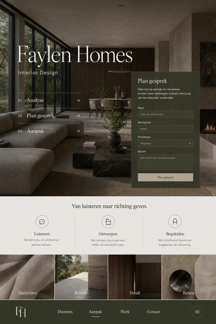 Architecture & Interiors website design for Netherlands, showing a clear opening, service information, supporting content, and a focused inquiry action.