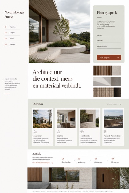 Architecture & Interiors website design for Netherlands, showing a clear opening, service information, supporting content, and a focused inquiry action.