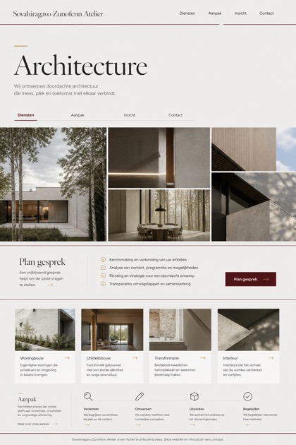 Architecture & Interiors website design for Netherlands, showing a clear opening, service information, supporting content, and a focused inquiry action.