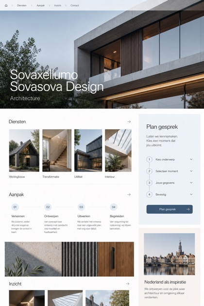 Architecture & Interiors website design for Netherlands, showing a clear opening, service information, supporting content, and a focused inquiry action.