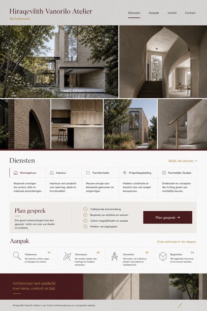 Architecture & Interiors website design for Netherlands, showing a clear opening, service information, supporting content, and a focused inquiry action.