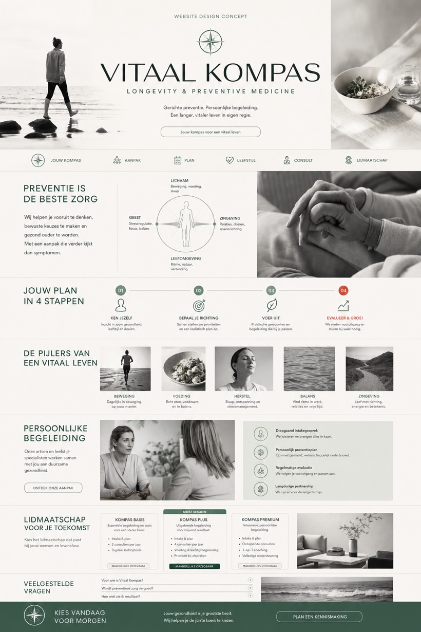Fictional Vitaal Kompas preventive medicine website concept with centered compass masthead, lifestyle pillars, plan steps, membership-style cards, and FAQ