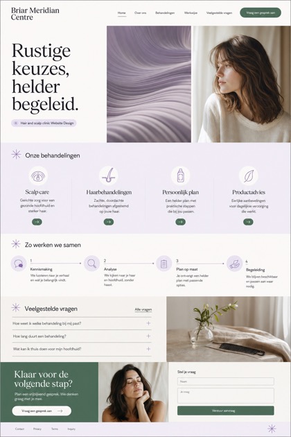 Fictional Briar Meridian Centre Hair and scalp clinic website design showcase in a 2:3 layout with service sections, FAQ, and inquiry action