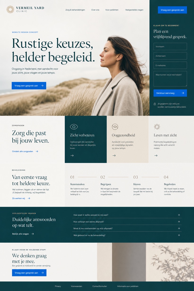Fictional Vermeil Yard Clinic Ophthalmology and vision correction website design showcase in a 2:3 layout with service sections, FAQ, and inquiry action
