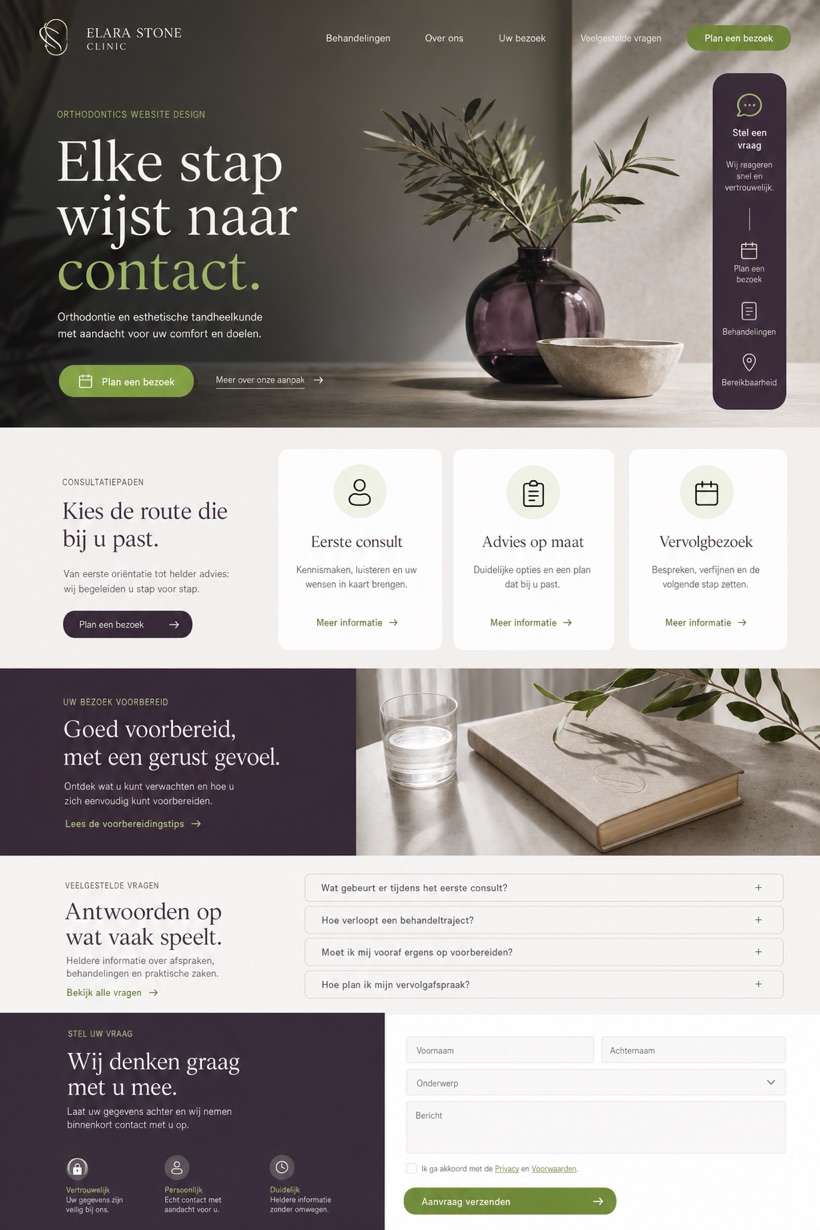 Fictional Elara Stone Clinic Orthodontics and aesthetic dentistry website design showcase in a 2:3 layout with service sections, FAQ, and inquiry action