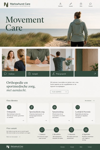 Healthcare website design for Netherlands, showing a clear opening, service information, supporting content, and a focused inquiry action.