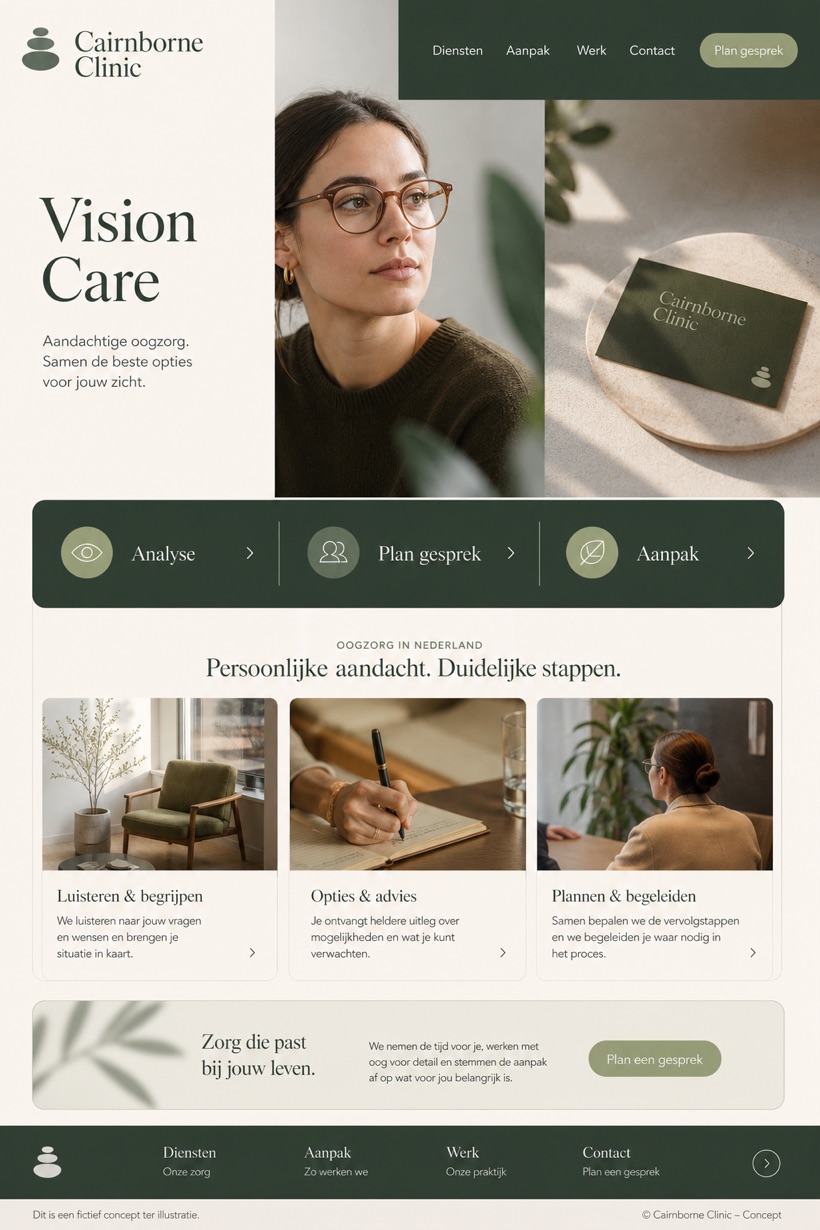 Healthcare website design for Netherlands, showing a clear opening, service information, supporting content, and a focused inquiry action.