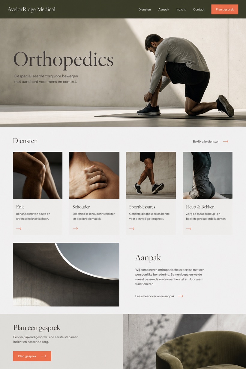 Healthcare website design for Netherlands, showing a clear opening, service information, supporting content, and a focused inquiry action.