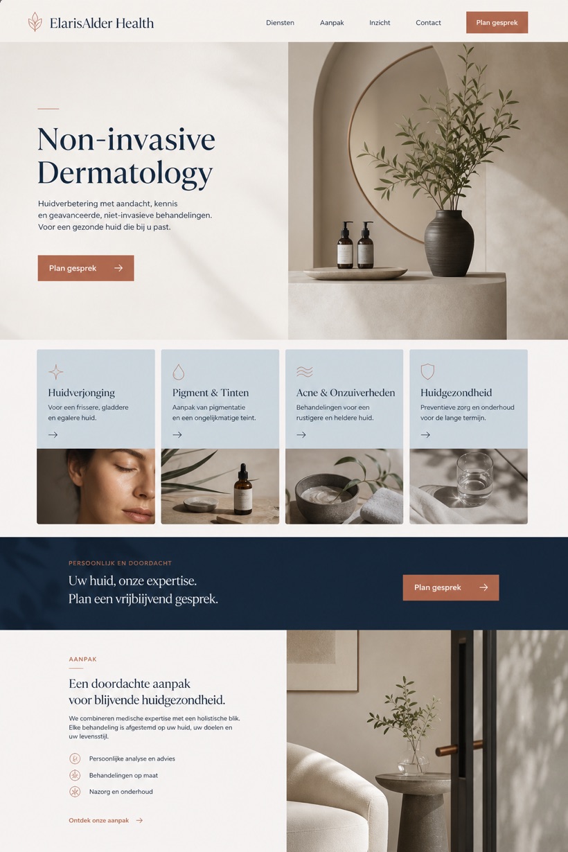 Healthcare website design for Netherlands, showing a clear opening, service information, supporting content, and a focused inquiry action.