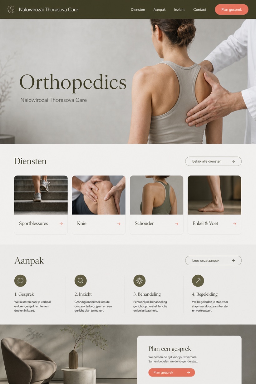 Healthcare website design for Netherlands, showing a clear opening, service information, supporting content, and a focused inquiry action.
