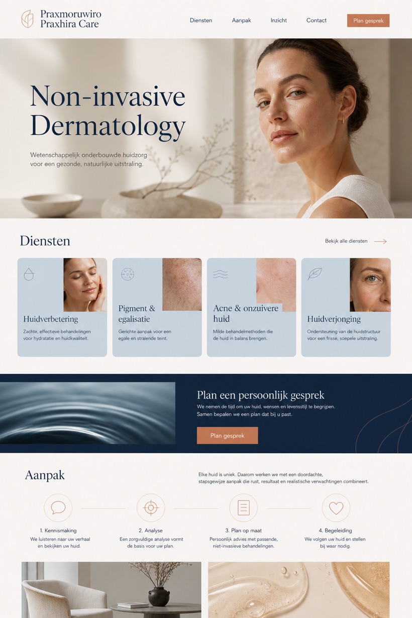 Healthcare website design for Netherlands, showing a clear opening, service information, supporting content, and a focused inquiry action.