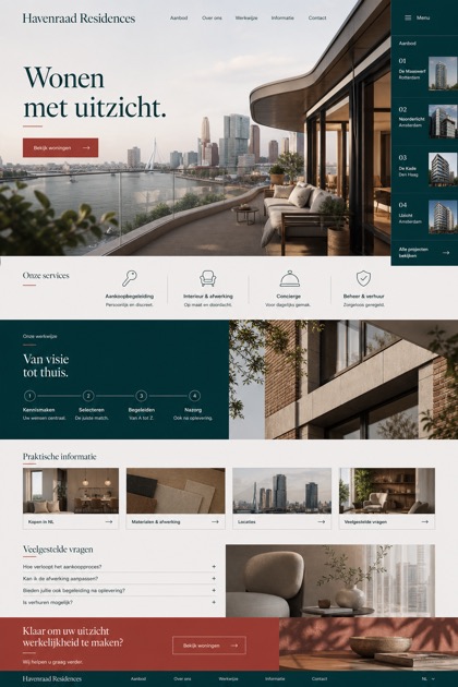Fictional Havenraad Residences Branded residences website design showcase with a complete 2:3 page layout, service sections, practical information, and contact action
