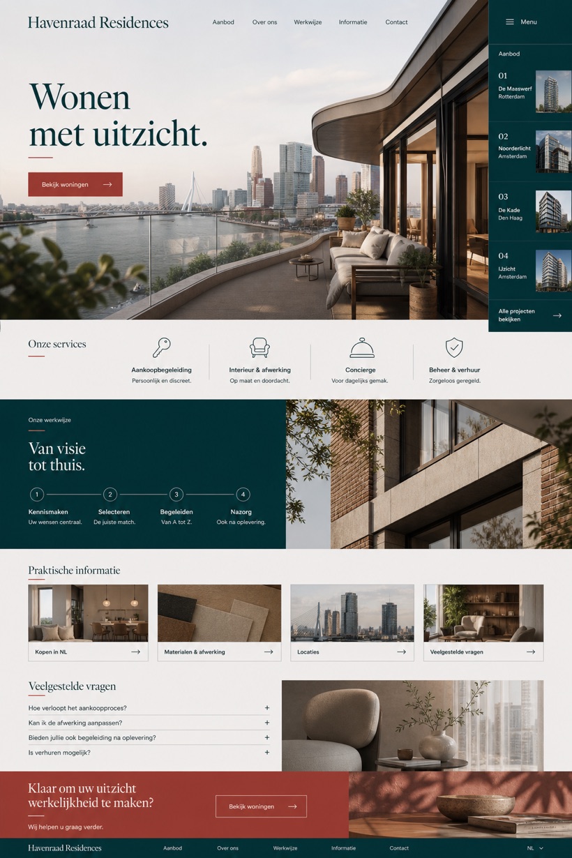 Fictional Havenraad Residences Branded residences website design showcase with a complete 2:3 page layout, service sections, practical information, and contact action